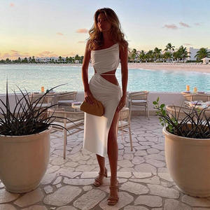 Fashion Sexy Summer Women's Sexy Pleated Oblique Shoulder Hollowed-up Halter Irregular Split <b>Dress</b> Wholesale - Product Image 1