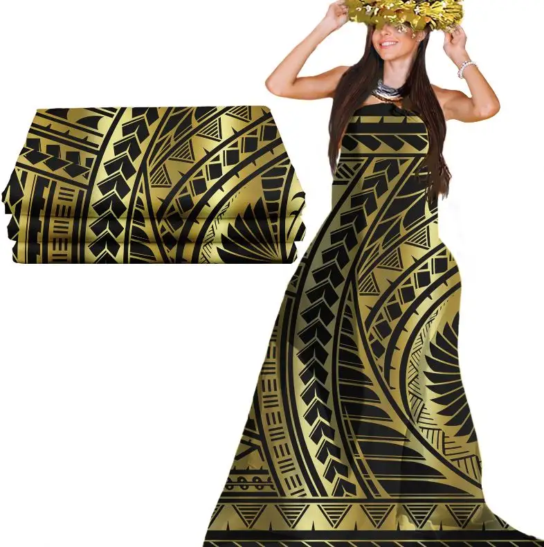 Gold Stoff Polynesian Stoff Sarong Kleider Verwenden Sie benutzer definierte Muster Digitaldruck 100% Polyester Stoff Goldfolie