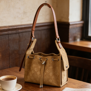 Bolso casual de gamuza tipo cubo para mujer, bandolera con cordón, cartera pequeña de moda - Product Image 1