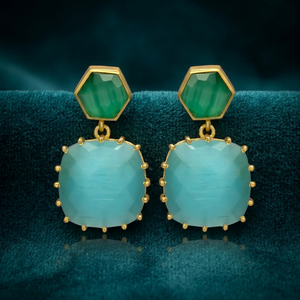 Nouvelles boucles d'oreilles pendantes en onyx vert et calcédoine aqua, plaquées or, en laiton, faites à la main, pour mariage et fêtes, style ethnique - Product Image 3