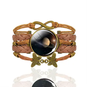 Acht Planeet Armband Zonnestelsel Jupiter Kwik Neptunus Zon Maan Saturn Aarde Glas Cabochon Multi-layer Leren Armband