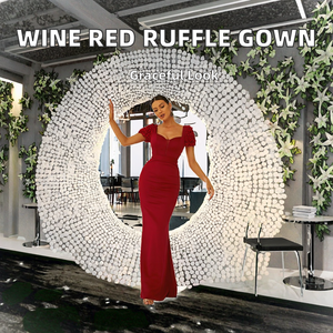 Empire <b>Ruffles</b> Wine Red Crepe Breathable Anti-Static Mermaid Long Elegant Gown Evening <b>Dresses</b> for Women - Product Image 2