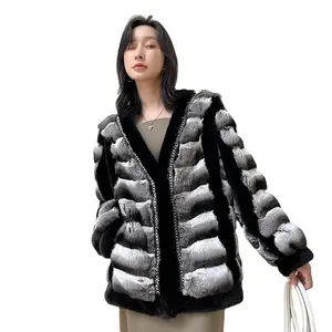 Veste en vraie fourrure de chinchilla, pour femme, manteau d'hiver tendance, authentique, de luxe, en vison, 2020