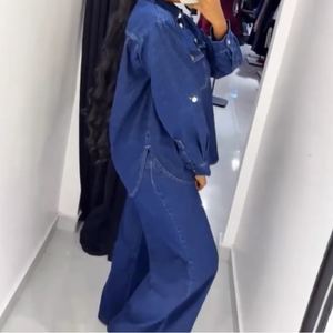 Completo Due Pezzi da Donna Sehe Fashion Nuovo con Cardigan Bavero e Tasche, Top a Maniche Lunghe e Pantaloni a Gamba Dritta in Denim - Product Image 2