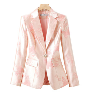Pink Jacquard Acetate Satin Blazer Women Autumn Single Button Slim Fit Elegant Style - Product Image 5