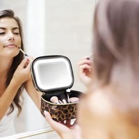 Trousse de Maquillage Haut de Gamme Style Européen en Cuir PU Imprimé Léopard, Imperméable, avec Miroir et Éclairage, Design Petite Valise