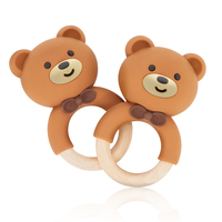 Anneau de dentition en bois naturel sans BPA avec motif animal, hochet en silicone pour bébés