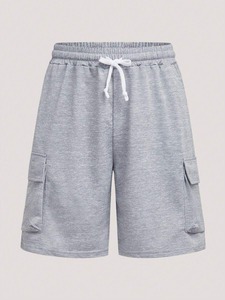 Conjunto de dos piezas para hombre, camiseta informal holgada de color gris claro y pantalones cortos tipo cargo, disponible en fábrica, personalización disponible. F10 - Product Image 6