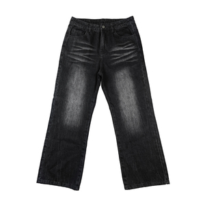TOPSHOW GARMENT Jean large noir délavé pour homme, coupe droite, style baggy, avec détails effet usé - Product Image 1