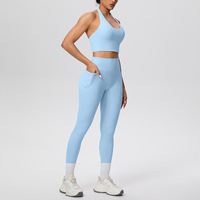 Nouvel ensemble de sport 2 pièces à col rond et taille haute, avec pantalon à poches rehausseur de hanches, séchage rapide, en Spandex/Nylon, pour course, yoga et activités décontractées en extérieur