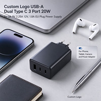 Adaptor Daya Profesional USB-A Dual Type C 3 Port 20W 5V 3A 9V 2.25A 12V 1.8A Colokan EU untuk Kamera dan Speaker Pengisi Daya Ponsel