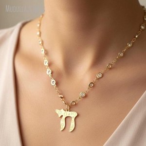 Collana NM61430 con ciondolo rotondo in zirconia cubica anti-ossidazione, <span class=keywords><strong>alfabeto</strong></span> <span class=keywords><strong>ebraico</strong></span> Chai, giudaismo, Kabbalah, gioielli religiosi da donna, regalo all'ingrosso per lei - Product Image 1