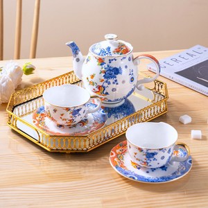 <b>Bone</b> <b>China</b> <b>Tea</b> <b>Set</b> - Blue and White Lotus Teapot with 2 Cups and Saucers - Product Image 2