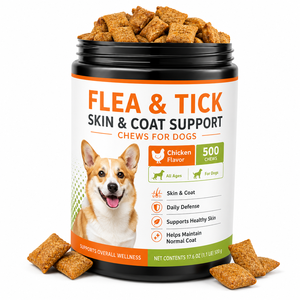 Suplemento <span class=keywords><strong>Antipulgas</strong></span> para <span class=keywords><strong>Perros</strong></span>, 500 Masticables, Apoyo para la Piel y el Pelaje, Masticables Suaves, Venta al por Mayor, Bienestar Diario para Mascotas, Sabor a Pollo - Product Image 1