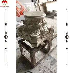 Cabeza de columna de piedra personalizada para jardín, precio de fábrica, pilares romanos tallados a mano, columna de mármol beige, mayúscula