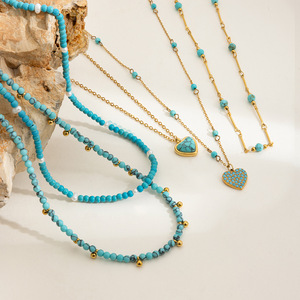 Collar de Moda con Cuentas, Corazón Azul Turquesa, Cadena de Aleación de Zinc de Varias Capas, Joyería, Accesorio para Mujer - Product Image 3