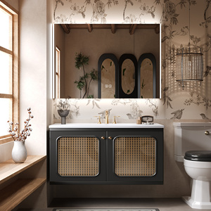 Mueble de Baño Estilo Rattan Retro Francés, Gabinete de Madera Sólida, Espejo Inteligente, Montado en la Pared, Resistente al Agua, para Baños de Hotel y Villas - Product Image 1
