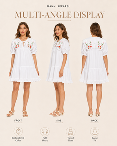 Fabrication <span class=keywords><strong>de</strong></span> vêtements OEM, robe blanche personnalisée, robe courte à volants et manches bouffantes brodée pour femmes - Product Image 2