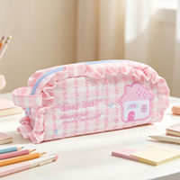 Estuche de lápices con volantes y estampado de guinga, estilo estético y lindo, con bordado, bolsa de papelería suave de seersucker en colores pastel para adolescentes, regreso a clases