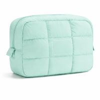 Pochette de maquillage en coton matelassé vert menthe, pochette cosmétique douce, trousse de toilette de voyage avec fermeture éclair, étui de rangement portable pour femmes