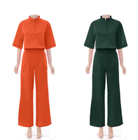 Ensemble haut et pantalon tendance pour femme 5147, haut en lin et coton à col polo court et manches mi-longues avec short