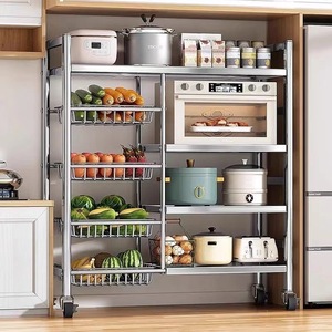 Chariot de rangement de cuisine en acier inoxydable à 5 niveaux, étagère mobile avec paniers en fil métallique pour fruits, légumes et ustensiles - Product Image 4
