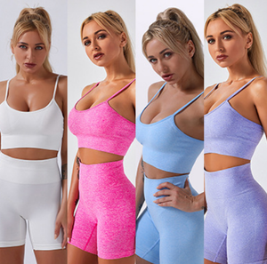 Tuta sportiva all'ingrosso ragazza Sexy abbigliamento Fitness abbigliamento sportivo Yoga Set corto palestra abbigliamento sportivo <span class=keywords><strong>Leggings</strong></span> da corsa Set reggiseno senza cuciture da donna - Product Image 3