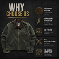 Veste de travail pour homme en toile de canard épaisse délavée style vintage, col en velours côtelé, fermeture éclair en laiton, poignets à boutons-pression, poche poitrine, taille ajustable, streetwear