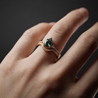 Ensemble de bagues de mariage en agate mousse, argent sterling 925 plaqué or 10 carats, deux pièces, pierres précieuses vertes, bagues empilables pour femmes