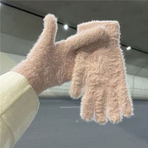 Lady's Autumn Winter Outdoor <b>Finger</b> <b>Gloves</b> Korean-Style Thick Polyester Plush Knitted Wrist-Length Windproof Warm Fleece Pattern - Product Image 3