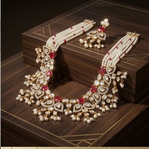 Juego de Collar de Plata 925 de Lujo para Mujer con Piedras Rojas, Perlas Blancas y Trabajo Kundan, Joyería Nupcial India Tradicional con Aretes - Product Image 2