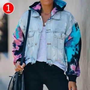 Otoño Tie Dye con capucha chaquetas de mezclilla de las mujeres de bolsillo agujero de manga larga Abrigos Mujer 2021 casuales de moda de señoras prendas de vestir exteriores