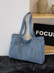 Sac fourre-tout décontracté en jean grande capacité pour femme, léger, avec fermeture éclair, polyvalent, idéal pour le shopping, les étudiants et les professeurs - Product Image 1
