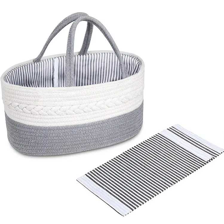 Care Baby Diaper Caddy Organizer Stylish Rope Nursery Storage Bin 100% Cotton Canvas Portable Diaper Storage Basket