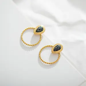 Stainless Steel Earrings Retro Water Drop Twisted Wire Hoops 18k Gold Plated Natural Stone Women Earrings Jewelry