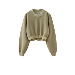 Sudadera con Capucha Corta de Algodón Grueso Informal de Talla Grande para Mujer, Diseño TKAN435D, Logotipo en Blanco, Cuello en V, Estilo Vintage Lavado Ácido, Abrigada - Product Image 2