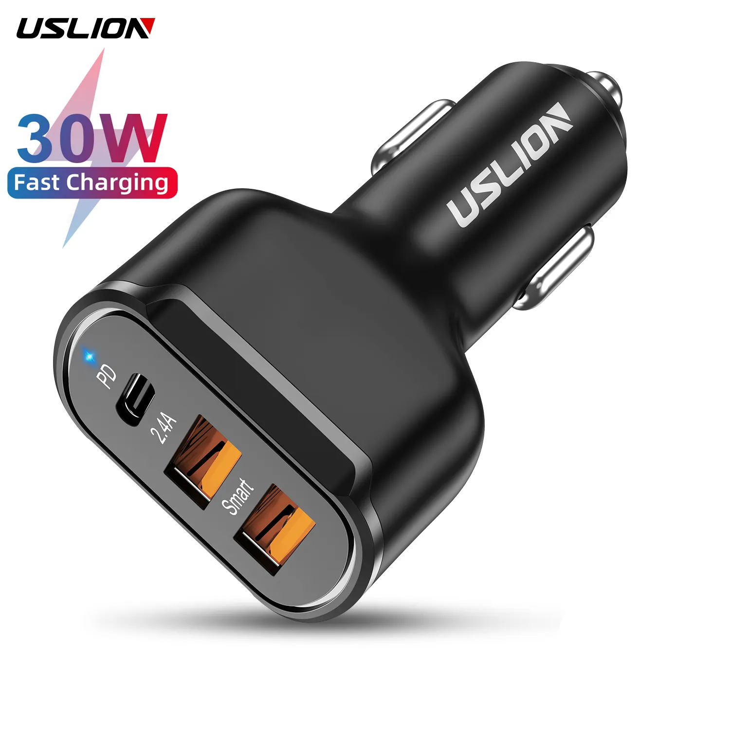 USLION เครื่องชาร์จในรถแบบเร็ว30W,ที่ชาร์จในรถยนต์แบบ3 USB ชาร์จเร็ว PD3.0ใช้ได้กับโทรศัพท์มือถือทุกรุ่น Type C ชาร์จเร็วสำหรับ iPhone