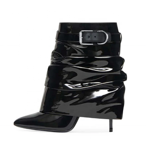 Botines de tacón de aguja de gamuza para mujer, con hebilla y parte superior plisada, estilo plegable - Product Image 1