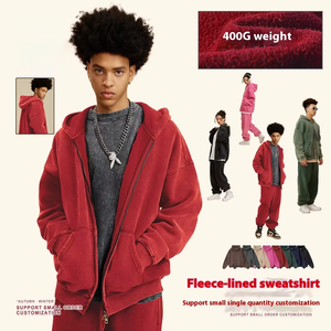 Marque de mode américaine Vêtements pour hommes 400G Automne Hiver Sweatshirt lavé Retro Velvet Double Zipper Hooded Cardigan Solid - Product Image 2