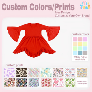 Robe rouge vif unie à manches cloche pour petites filles, col rond, volants, ourlet asymétrique, jupe tourbillonnante, personnalisable OEM pour vêtements pour enfants - Product Image 3