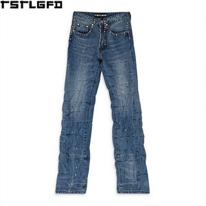 Jeans de mezclilla de corte recto para hombre, con pedrería de colores, efecto arrugado, estilo Y2K, venta al por mayor - Product Image 1
