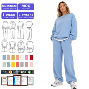 Ensemble de survêtement 2 pièces imprimé pour femme, sweat-shirt oversize à col rond et pantalon large taille haute en molleton doux, tenue décontractée quotidienne BSCI - Product Image 1