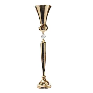 Vase haut en forme de trompette, Vase haut en métal avec ornement de diamant, support de fleur doré, pour centre de table, Vase de mariage doré, sunyu1830