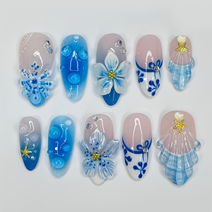 10 <span class=keywords><strong>faux</strong></span> <span class=keywords><strong>ongles</strong></span> à presser, bleu océan, motif fleur 3D, forme amande longue, coquillage et étoile de mer, <span class=keywords><strong>d</strong></span>égradé brillant, pour manucure estivale - Product Image 4