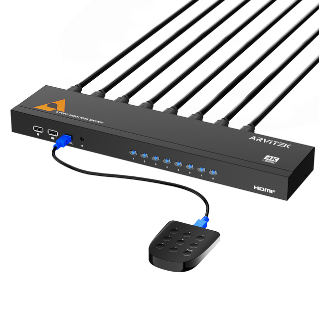 8 Port H D M I KVM Switch, Rack Mount KVM, 4K60Hz, Includes 8 H D M I KVM Cables, Remote, 4 USB 2.0 Port, Wired Controller