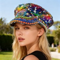 Chapeau de capitaine en peluche avec sequins œil porte-bonheur arc-en-ciel et strass à pointes, pour festivals de musique, Burning Man, soirées, plage et extérieur, vente en gros, MOQ 3