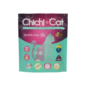 Sacchetto di imballaggio per alimenti per animali domestici con cerniera personalizzata sacchetto di plastica stampato per gatti imballaggio sacchetto a fondo piatto per lettiera per gatti