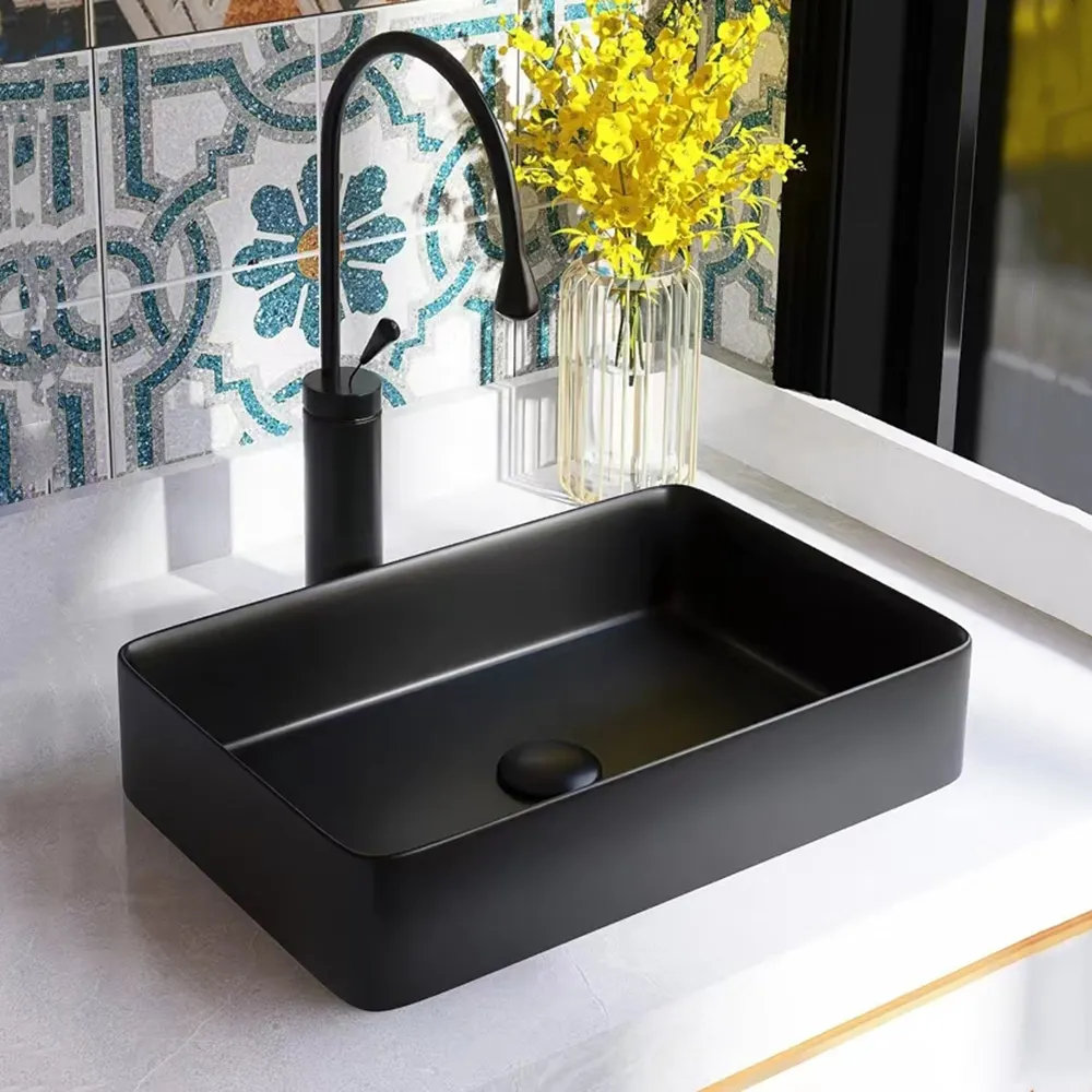 Aquacubic OEM Small Ceramic Black Art Basin Rectangular Bathroom Countertop Vessel Sink Wash Basin