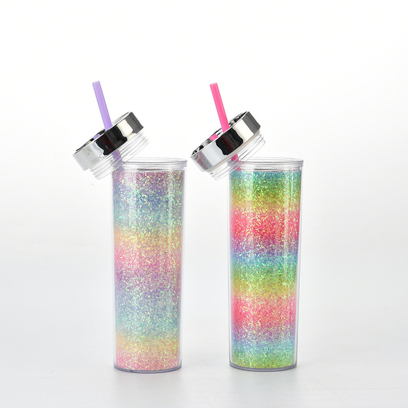 Seaygift оптовая продажа многоразовые радужные градиентные цветные кружки для холодных напитков прямой стакан 16 унций пластиковые чашки с двойными стенками и соломенной крышкой