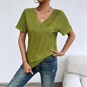 Camiseta Casual de Verano 2026 para Mujer, Elegante, Color Borgoña, Cuello en V Cruzado, Tejido de Punto Acanalado en Contraste, Manga Corta, Corte Ajustado - Product Image 3